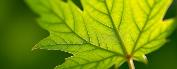 Obraz premium Illuminated Leaf: Nature's intricate artistry in vibrant green, backlit by sunlight, showcasing leaf veins and texture. A close-up masterpiece.