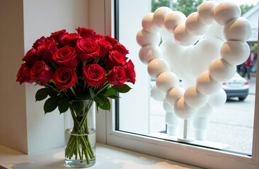 A large bouquet of red roses in a vase on the floor, on the window of a flower shop against a background of white balls in the form of hearts. A series of bouquets .