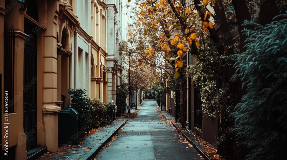 Poster an empty footpath with neat rows of urban buildings and scattered greenery, enveloped in a crisp, co