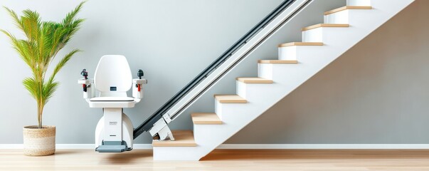 A modern stairlift in a stylish home environment by the stairs.