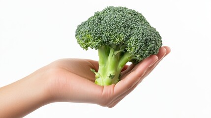 Hand holding broccoli on white background