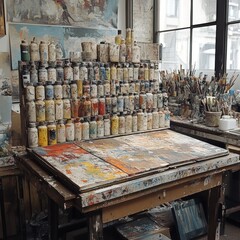A vibrant artist's studio filled with paint bottles and tools, ready for creative work.