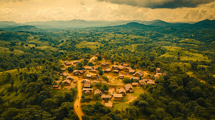Obraz premium Aerial view of a village in the mountains. landscape background
