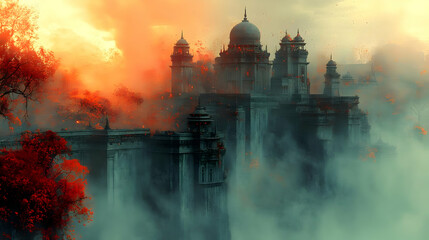Fototapeta premium Fantasy Cityscape Illustration with Towers and Red Trees