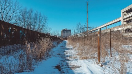 An icy footpath running through urban landscapes, bordered by skeletal trees and cold air on a quiet day.