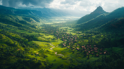 Obraz premium Aerial view of a village in the mountains. landscape background