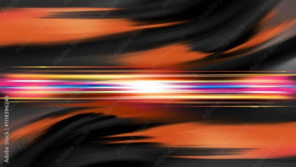 Fototapete abstract blurred background with colorful stripes of light on dark orange and black, horizontal line