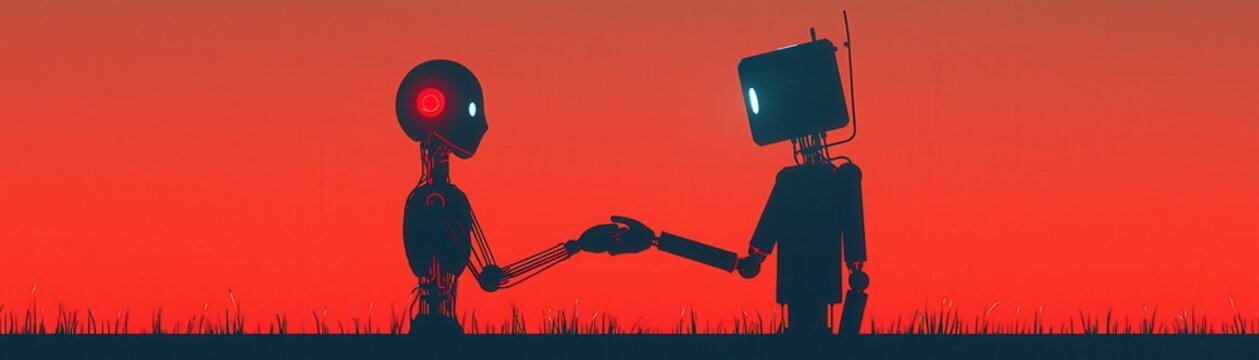 A robot and alien shake hands in a futuristic landscape.