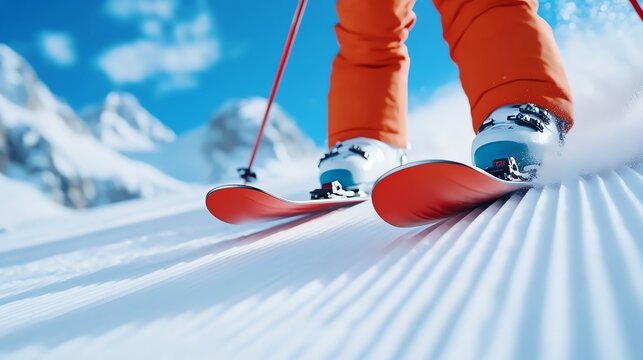 Close-up of skier's legs on pristine snow, with gleaming red skis in motion on a sunny winter day in the mountains.