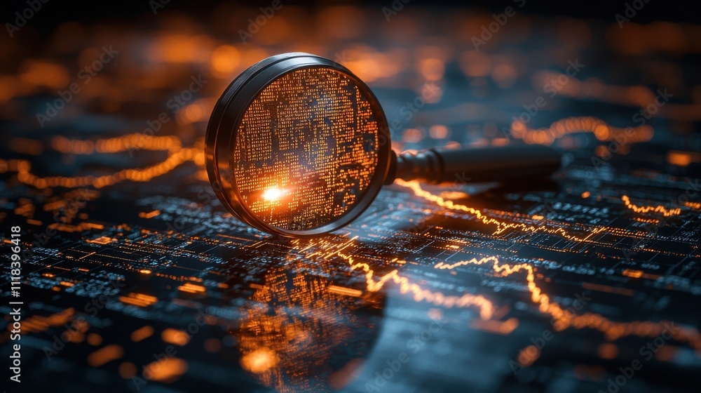 Poster analyzing data trends using a magnifying glass digital environment technology concept close-up view 