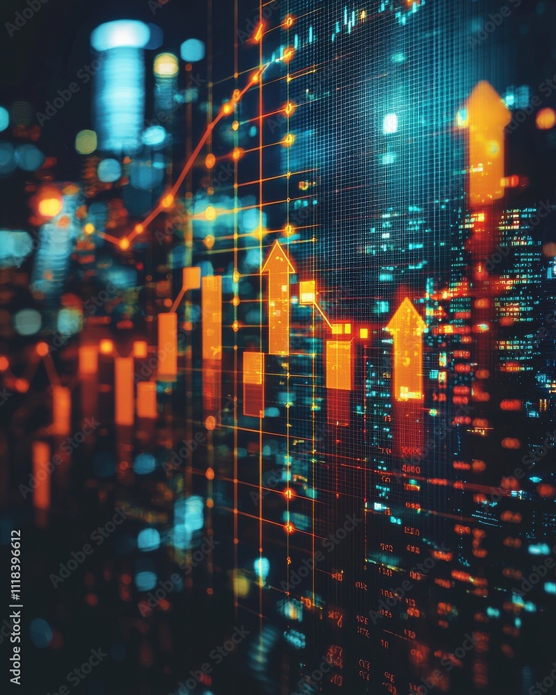 Poster analyzing market trends through data visualization urban environment infographic nighttime digital i