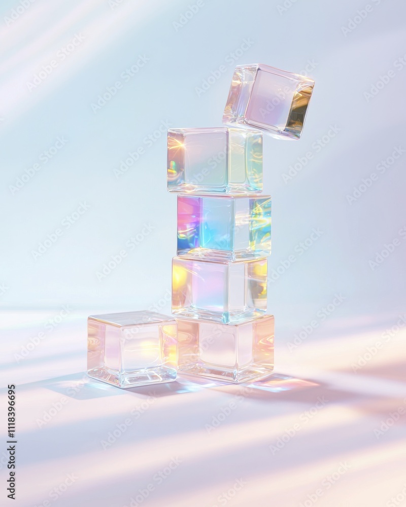 Poster Stacking transparent blocks creative workspace soft lighting minimalist design abstract concept for visual appeal
