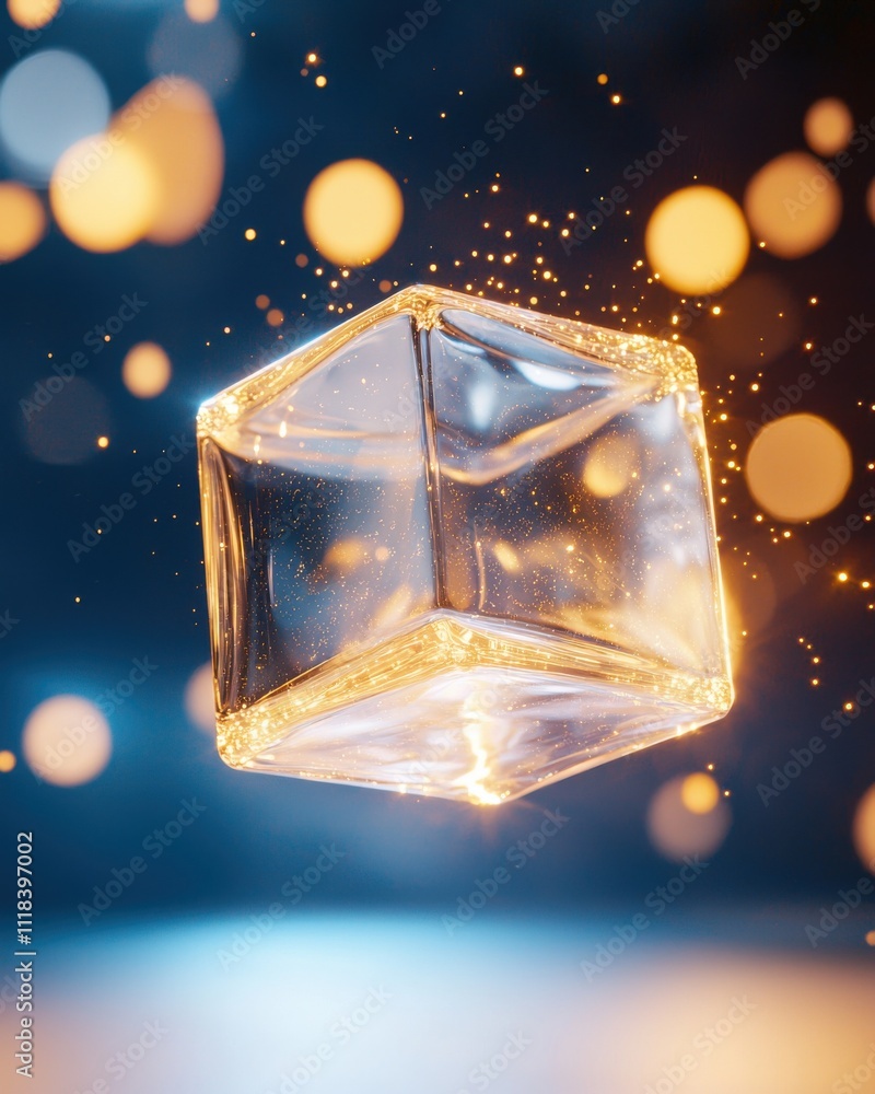 Poster floating glass cube with sparkling lights in a dark environment abstract art digital design creative
