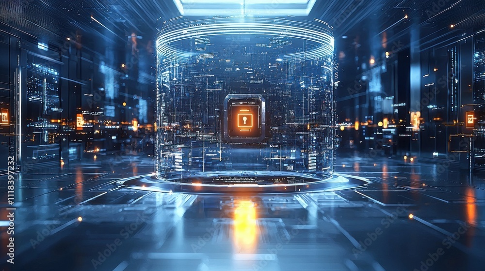 Poster exploring quantum computing innovations futuristic lab digital art high-tech environment aerial view
