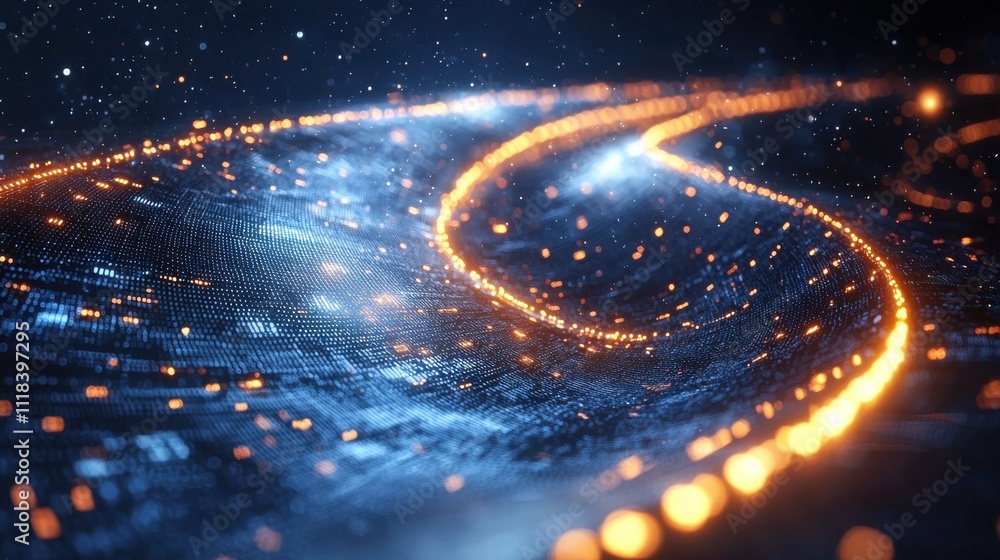 Poster dynamic light trails on a cosmic background digital visualization outer space abstract concept high-