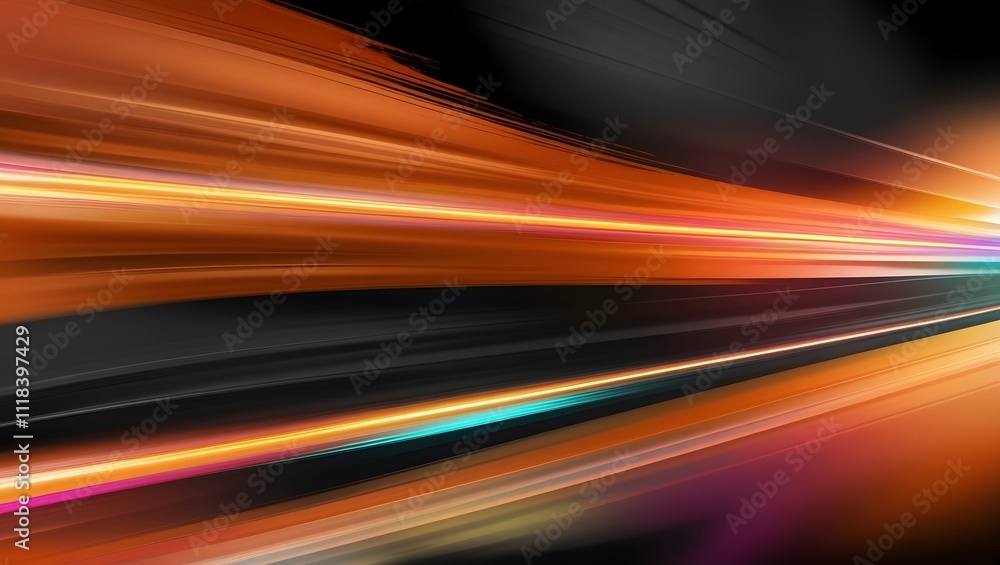 Fototapete abstract blurred background with colorful stripes of light on dark orange and black, horizontal line