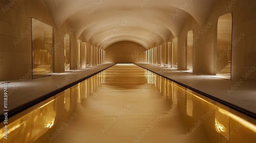 Poster luxurious golden corridor with reflective water and elegant architecture in a tranquil setting