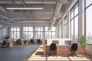 Modern style high ceiling office interior with city view