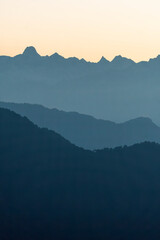 A beautiful view of Garhwal mountain range during the sunset from the outskirts of Chopta, Uttarakhand