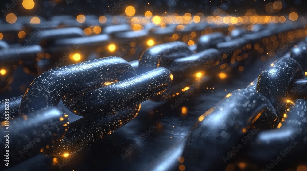 Poster illuminated metal chains in industrial setting close-up view abstract concept of strength and connec