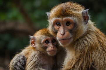 Fototapeta premium Mother Monkey Hugging Her Baby