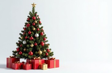 Decorated Christmas tree with presents on white background for a banner or a greeting card,