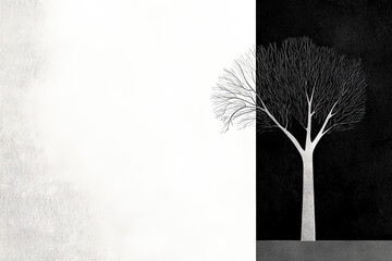 This artistic piece reflects the beauty of a bare tree against a divided background, conveying themes of vulnerability and resilience in a minimalist artistic style.