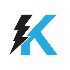 Letter K For Electric Logo Combination With Lightning Thunder Bolt Icon. Power Logo Design