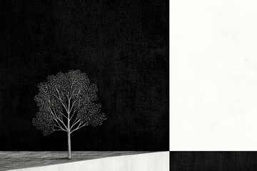 This image portrays a lone tree set against a stark black and white background, symbolizing resilience and isolation in a beautifully simplified artistic rendition.