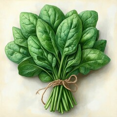 A vibrant bunch of fresh spinach tied with twine, showcasing its lush green leaves.