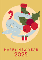 Happy New Year 2025 card with snake, tree, and gifts. Festive illustration of a snake with a Christmas tree, gifts, vertical design, cards, banners.