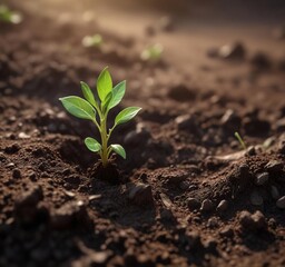 A small green sprout emerges from the rich dark soil capturing the morning light, morning light, garden