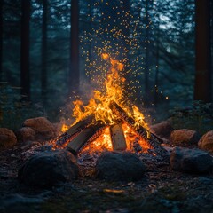 A vibrant campfire surrounded by stones, illuminating a serene forest at dusk.