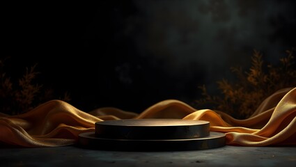Golden Podium  with Draped Fabric : A dramatic presentation of a  black wooden podium stage with two levels, adorned with a flowing gold silk cloth, against a dark background.