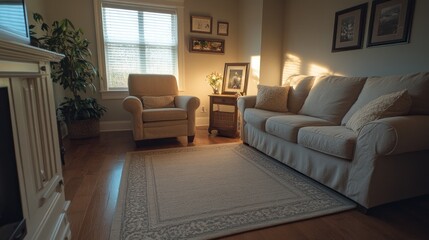 Fototapeta premium Sunlit Living Room With Sofa Chair And Plants