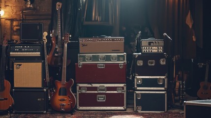 Vintage guitars and amps in a dimly lit room.
