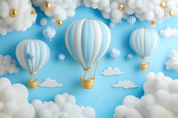 Naklejka premium Three blue and white hot air balloons float amidst fluffy white clouds on a light blue background.