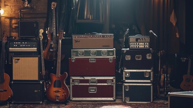 Vintage guitars and amps in a dimly lit room.