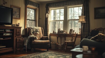 Fototapeta premium Cozy Living Room With Vintage Furniture And Natural Light