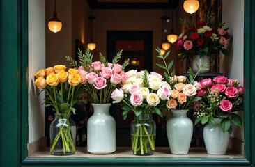 There are many vases with different bouquets, a flower shop window. A series of bouquets of different colors in a basket and in a vase.