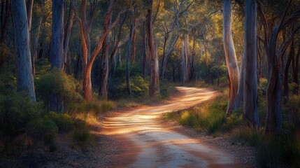 Obraz premium Sunlit Path Winding Through A Eucalyptus Forest