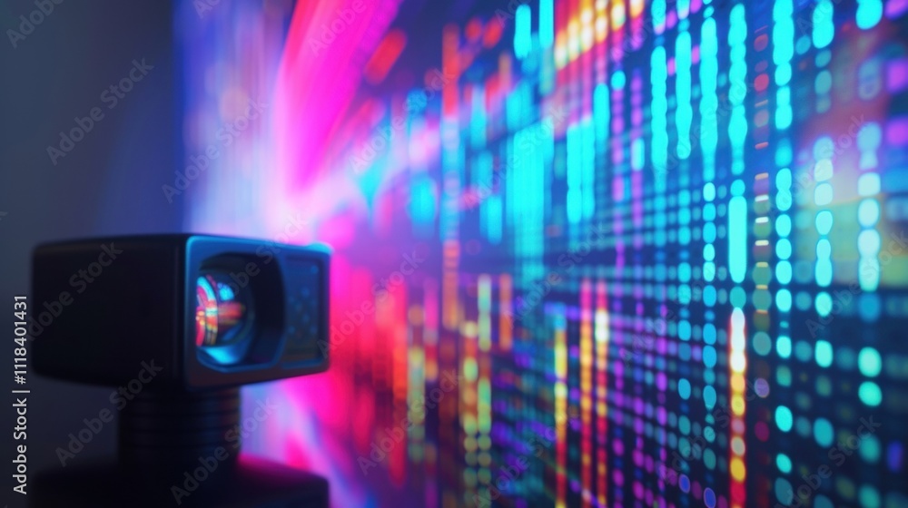 Poster an extreme closeup of a projector displaying a colorful data visualization onto a blank wall symboli