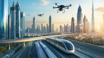 Futuristic Dubai cityscape with skyscrapers, a monorail, and drones flying in the sky. In front of...