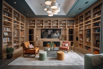Modern Library With Built In Bookshelves And Seating Area