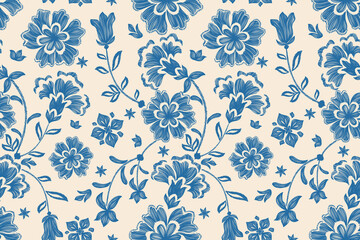 Vintage floral ethnic tapestry modern embroidery texture boho design vector illustration hand drawn silhouette indigo blue flower motif branches leaves wallpaper seamless background border.