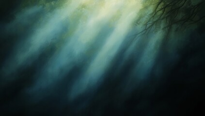 Sunbeams pierce through a dense forest canopy, creating a mystical and serene atmosphere.