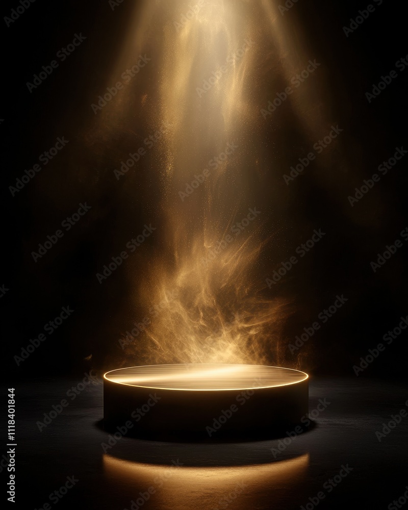 Poster illuminated smoke rising from circular base dark studio setting abstract art concept minimalist view