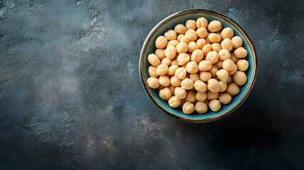 Nutritious macadamia bowl top view, wholesome copy space healthy raw, abundant pile heap antioxidant diet, nourishing food nut, organic fresh delicious.