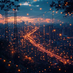 A vibrant cityscape at dusk, illuminated by lights and traffic, creating a dynamic atmosphere.