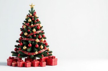 Decorated Christmas tree with presents on white background for a banner or a greeting card,